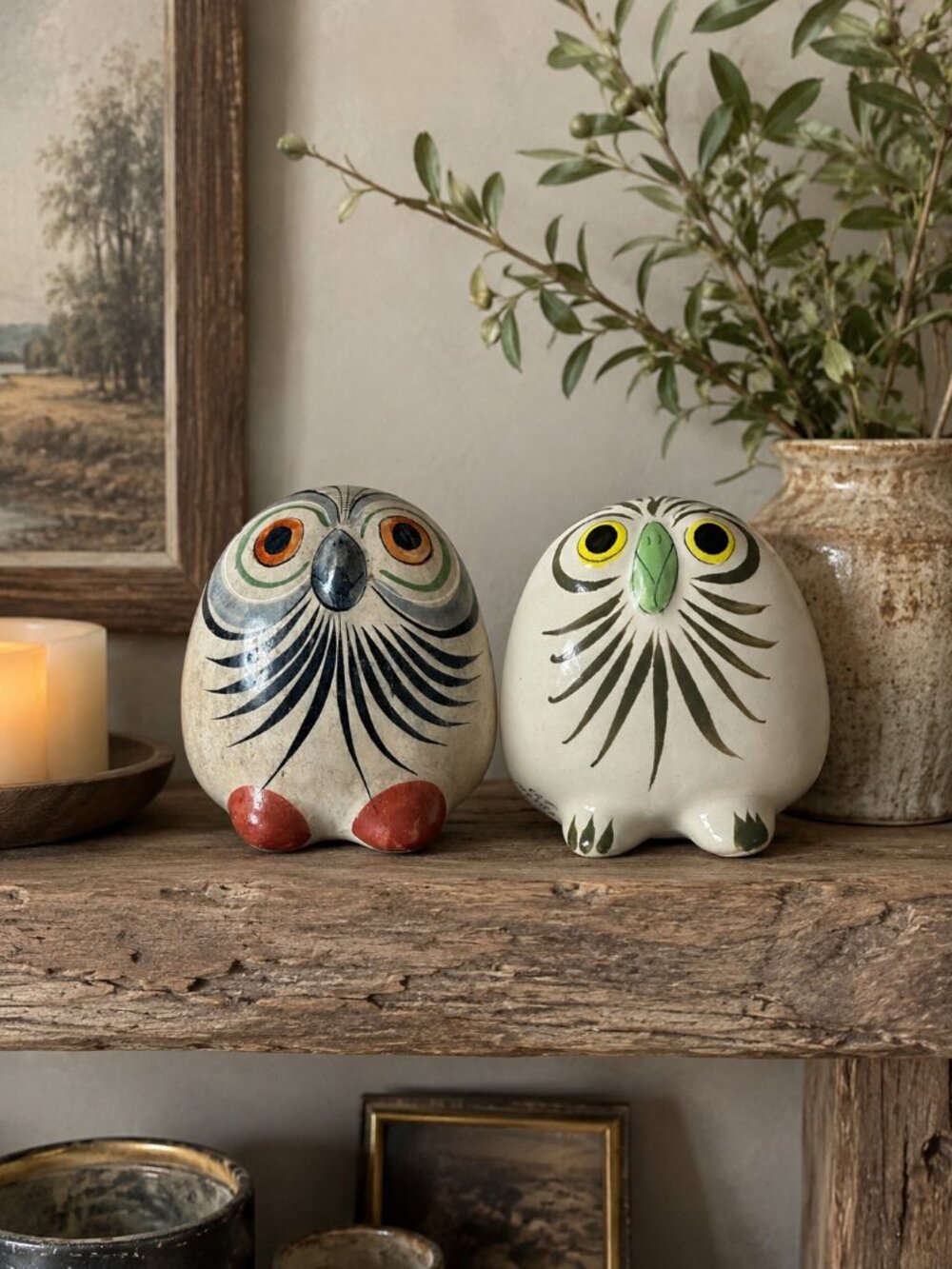 Mexico Hand-Painted Owl Ornament Shelf Sitters Ceramic Vintage Set x 2